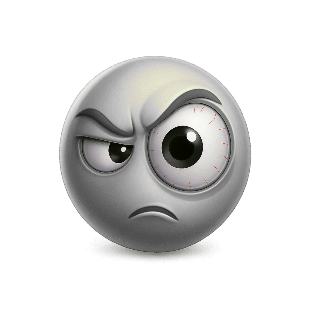 3D Grey Suspicious Emoji with Enlarged Eyeball and Angry Facial Expression – Transparent Background ClipArt PNG