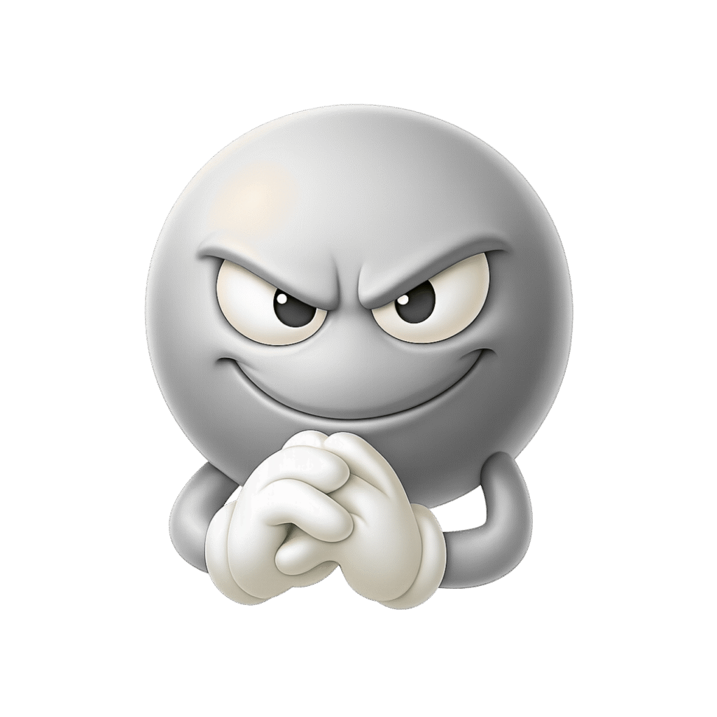 3D grey mischievous emoji with evil smirk and folded hands on transparent background