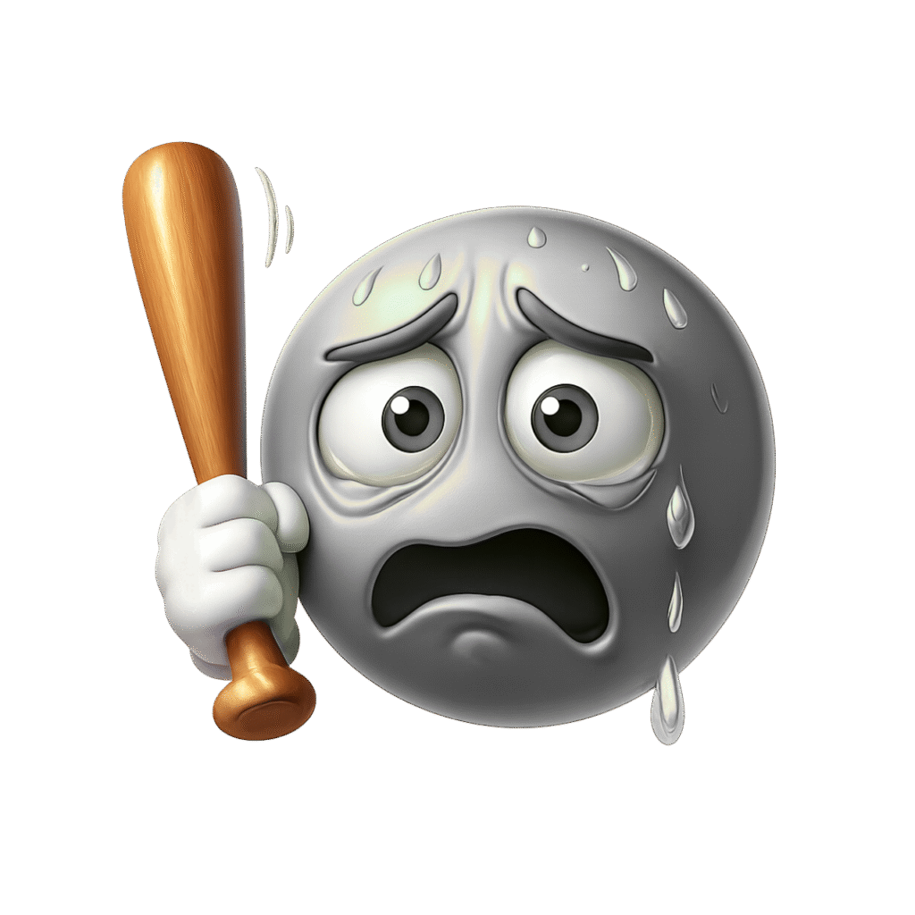 3D grey scared emoji sweating and holding a bat, with terrified face and transparent background