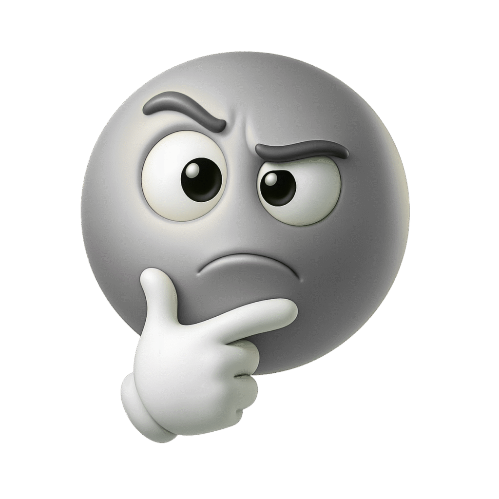 3D Grey Thinking Emoji with Raised Eyebrows and Hand-on-Chin Pose – Transparent Background PNG Expression