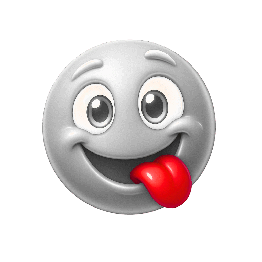3D grey emoji with wide eyes and red tongue out, showing tasty expression