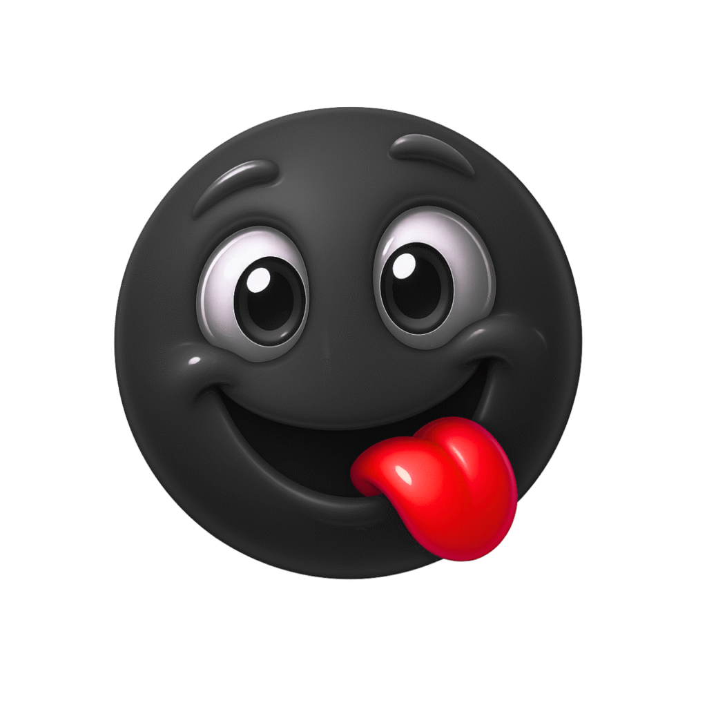 3D Black Yum Emoji with Red Tongue on Transparent Background – Cute & Playful Face
