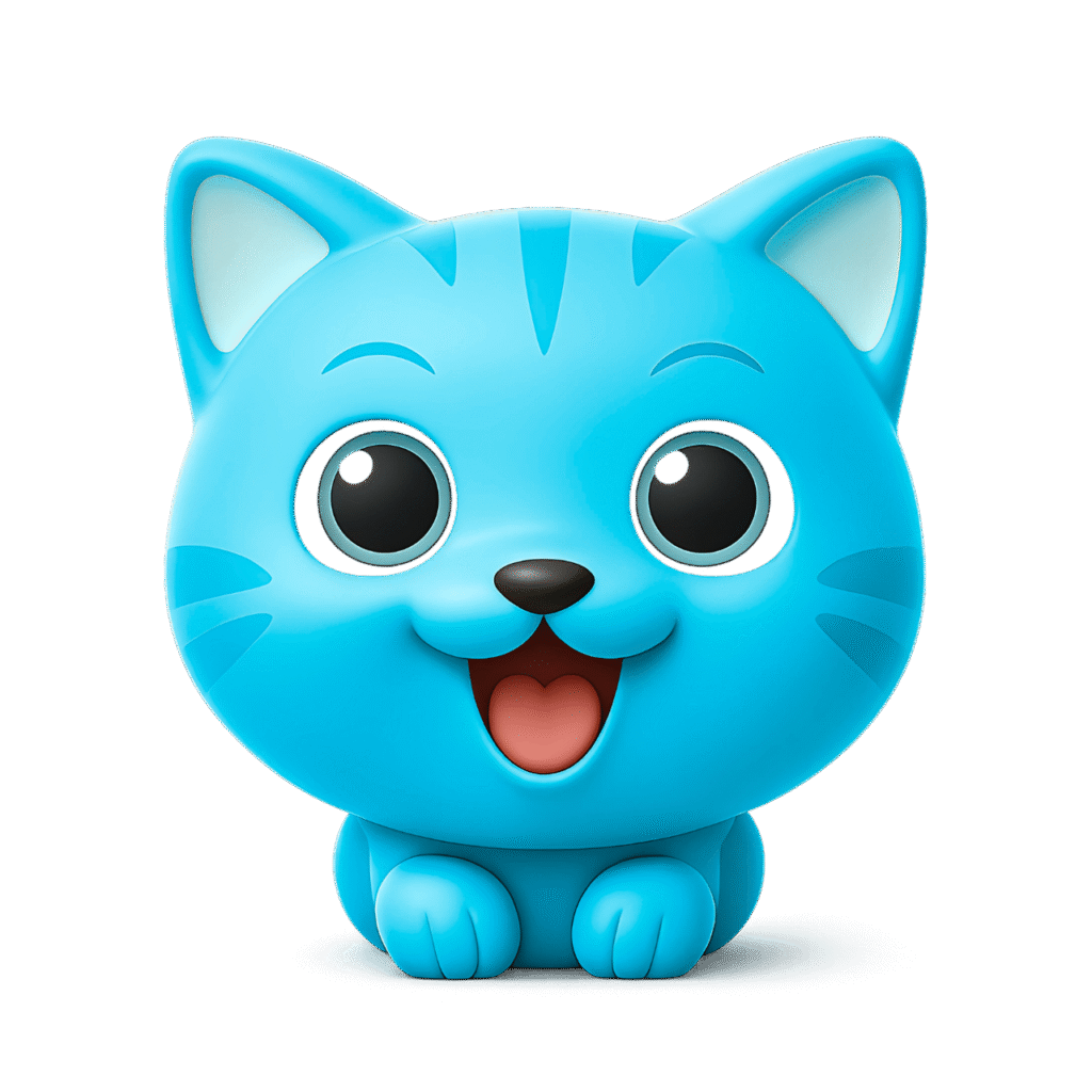 Blue Cartoon Cat Emoji with Big Eyes and Smile – Cute Transparent PNG Clipart
