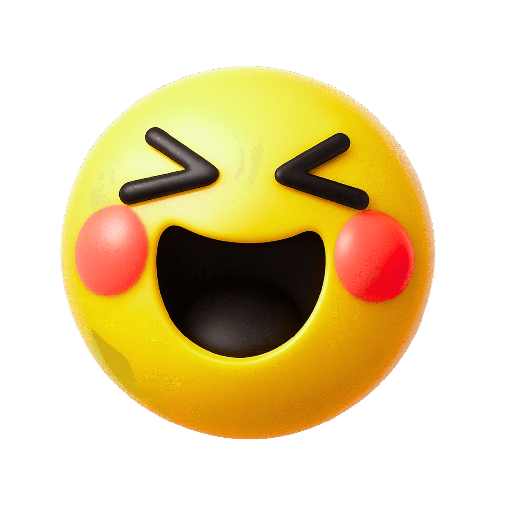 3D happy TikTok emoji with closed laughing eyes, open mouth, and red blush cheeks, vibrant yellow cartoon face on transparent background