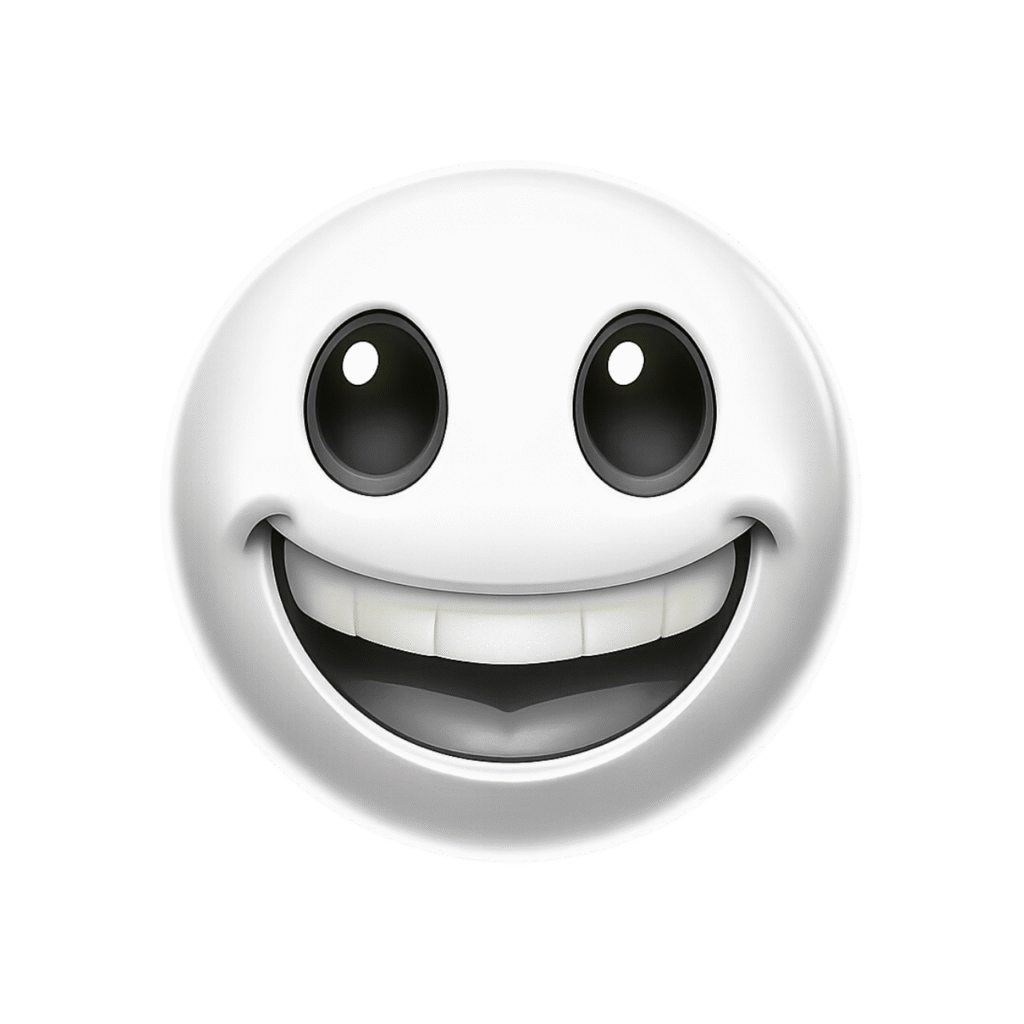 Glossy 3D White Happy Emoji with Wide Smile and Cartoon Eyes on Transparent Background