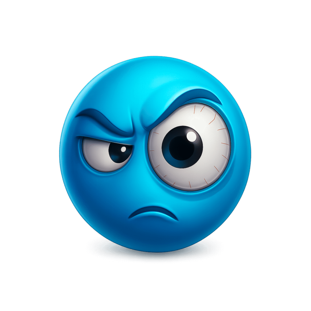 3D Blue Suspicious Emoji with Enlarged Eye and Angry Facial Expression – Transparent Background High-Resolution PNG