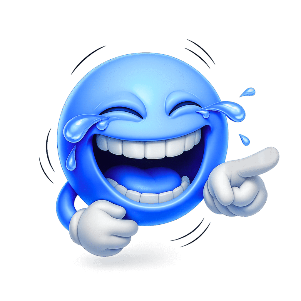 3D blue emoji laughing in tears, pointing finger, shiny face, white gloves, free transparent PNG