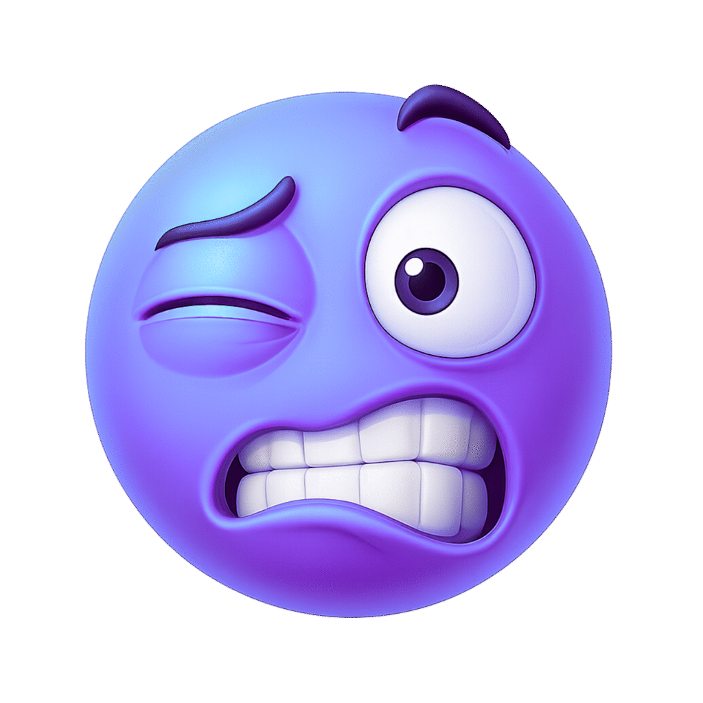 Indigo-colored emoji with one eye twitching shut, the other eye wide open, raised eyebrows, and clenched teeth showing a nervous or awkward expression