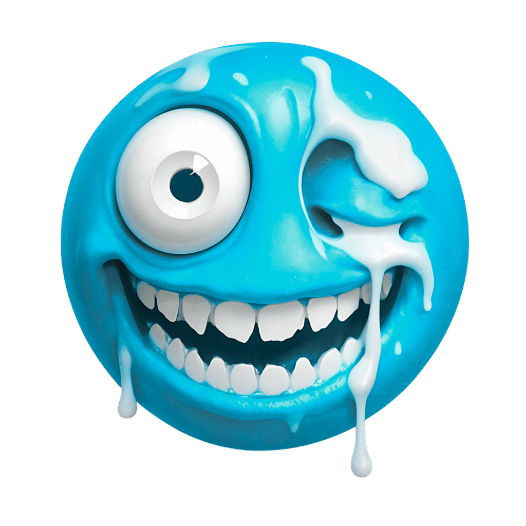 Freaky blue emoji with wild grin, bulging eye, and dripping creamy texture