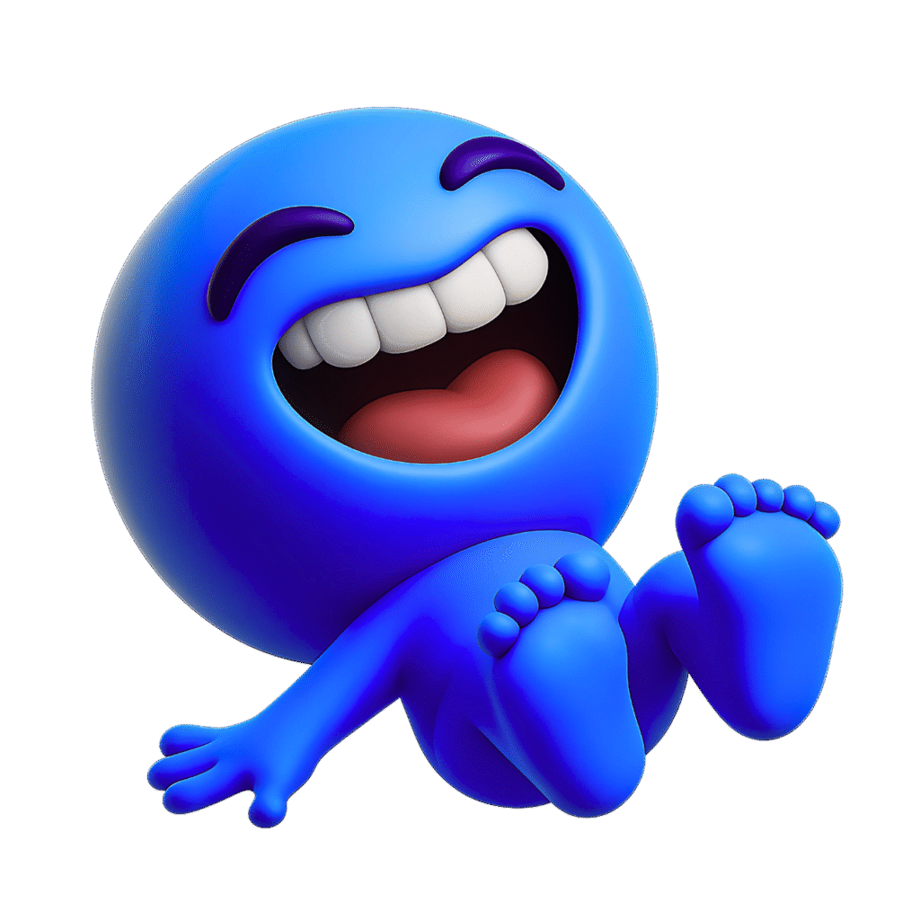 3D blue laughing emoji with big smile and eyes closed, rolling on the floor in joy, isolated on transparent background
