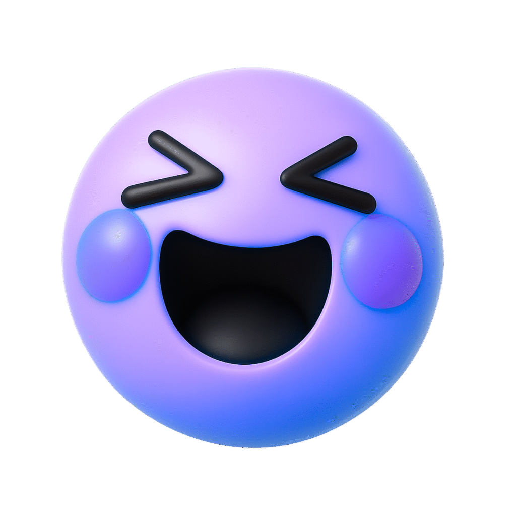 Glossy 3D lavender blue laughing emoji with big smile, shut eyes, and soft purple cheeks on transparent background