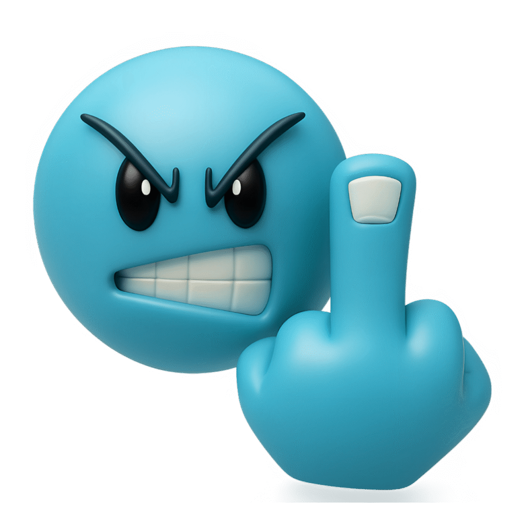 3D light blue angry emoji with gritted teeth and raised middle finger gesture on transparent background