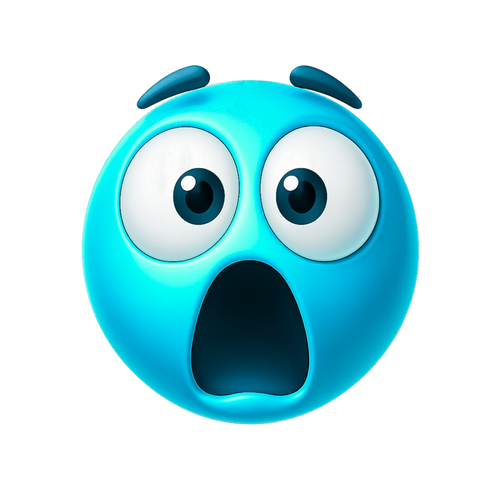 3D light blue emoji face with wide eyes and open mouth, expressing shock or surprise on transparent background