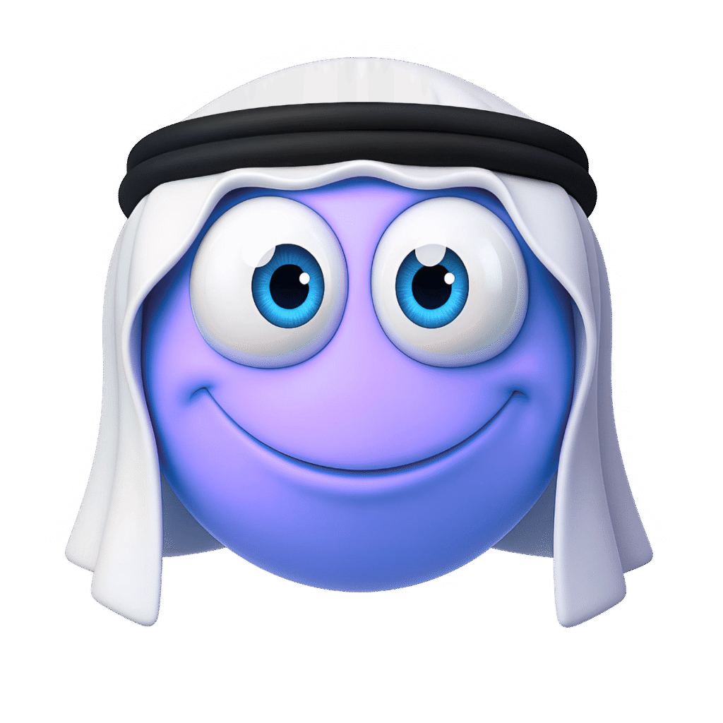 Light purple emoji with big eyes and keffiyeh headwear on transparent background