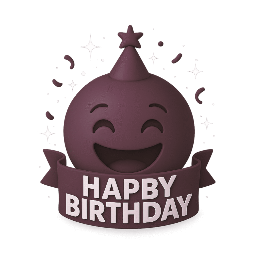 Bring charm to your birthday wishes with this unique maroon-colored 3D emoji! Designed with a glowing smile, party hat, and a festive ribbon that reads “HAPPY BIRTHDAY” in bold white letters, this emoji radiates joy. White sparkles and scattered confetti add a magical celebration feel. Whether you're creating a digital card, Instagram story, or a website graphic, this transparent PNG emoji adds class and fun. Ideal for those who love a richer, elegant color palette while still keeping the cheerful vibe alive.