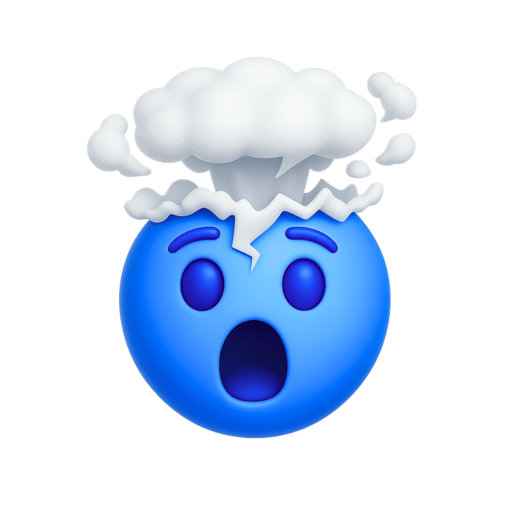 3D blue mind blown emoji with exploding white cloud and surprised expression on transparent background