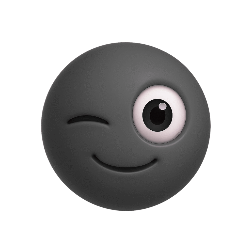 Dark gray winking emoji face with cute expression and one eye closed