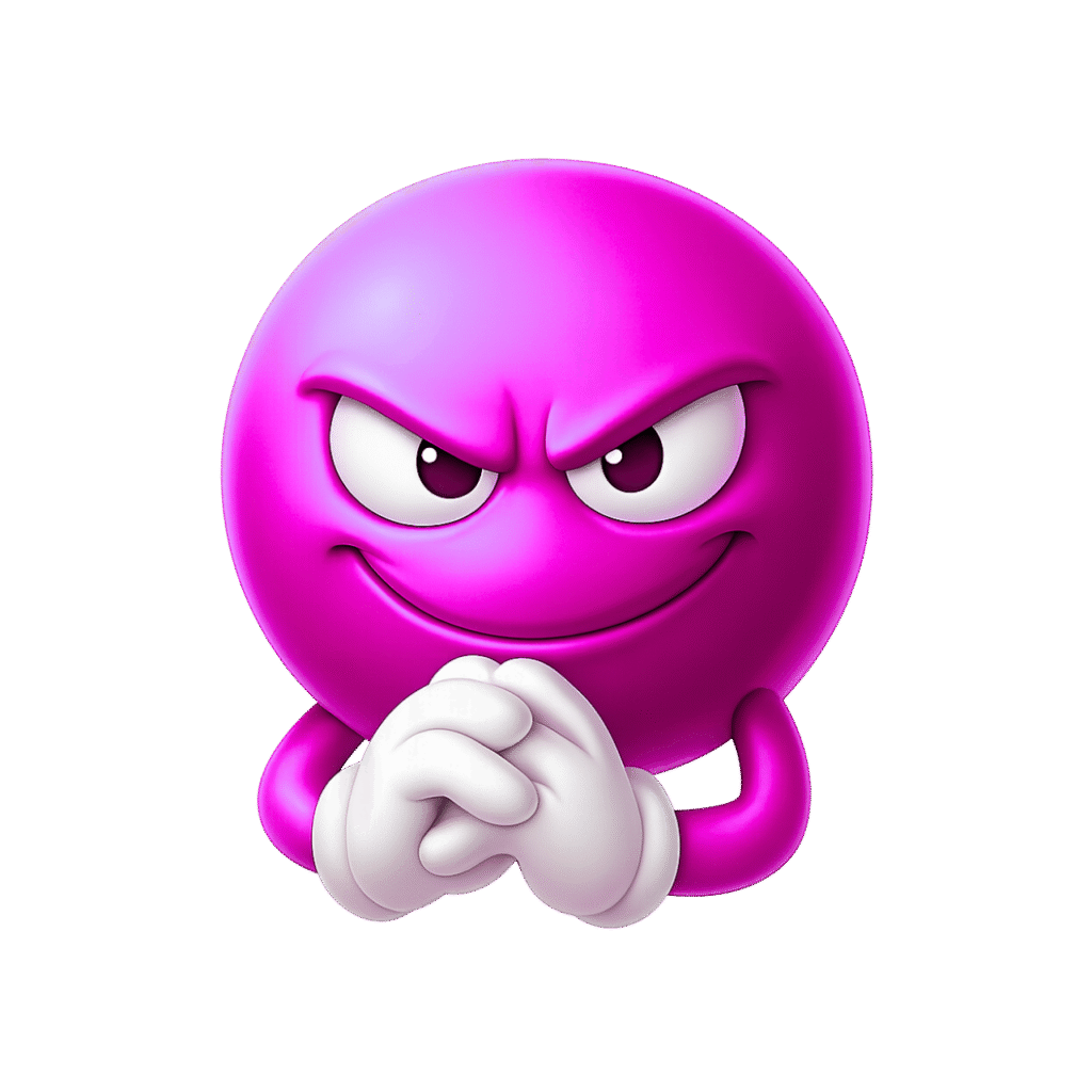 Mischievous purple emoji with smirking face and clasped hands in 3D style on transparent background