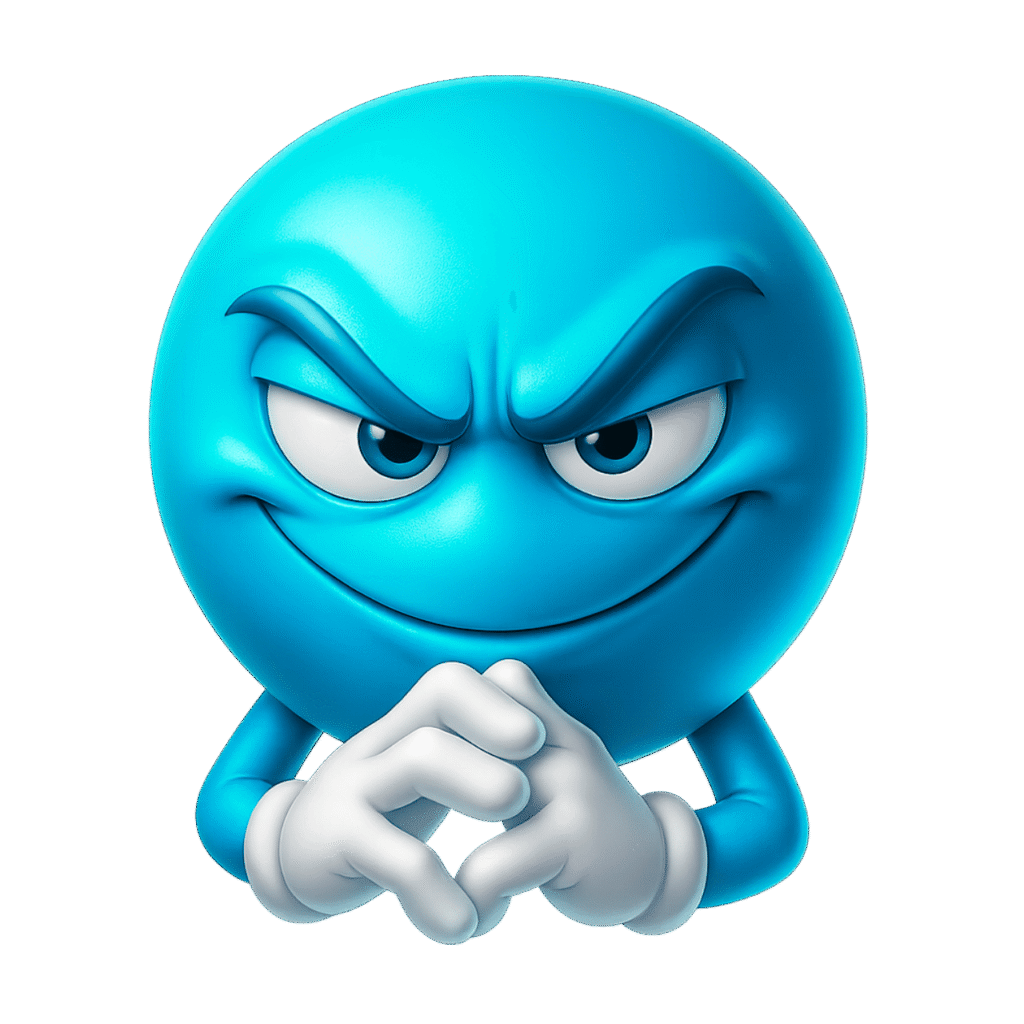 Devious blue 3D emoji with mischievous smile and plotting hand gesture