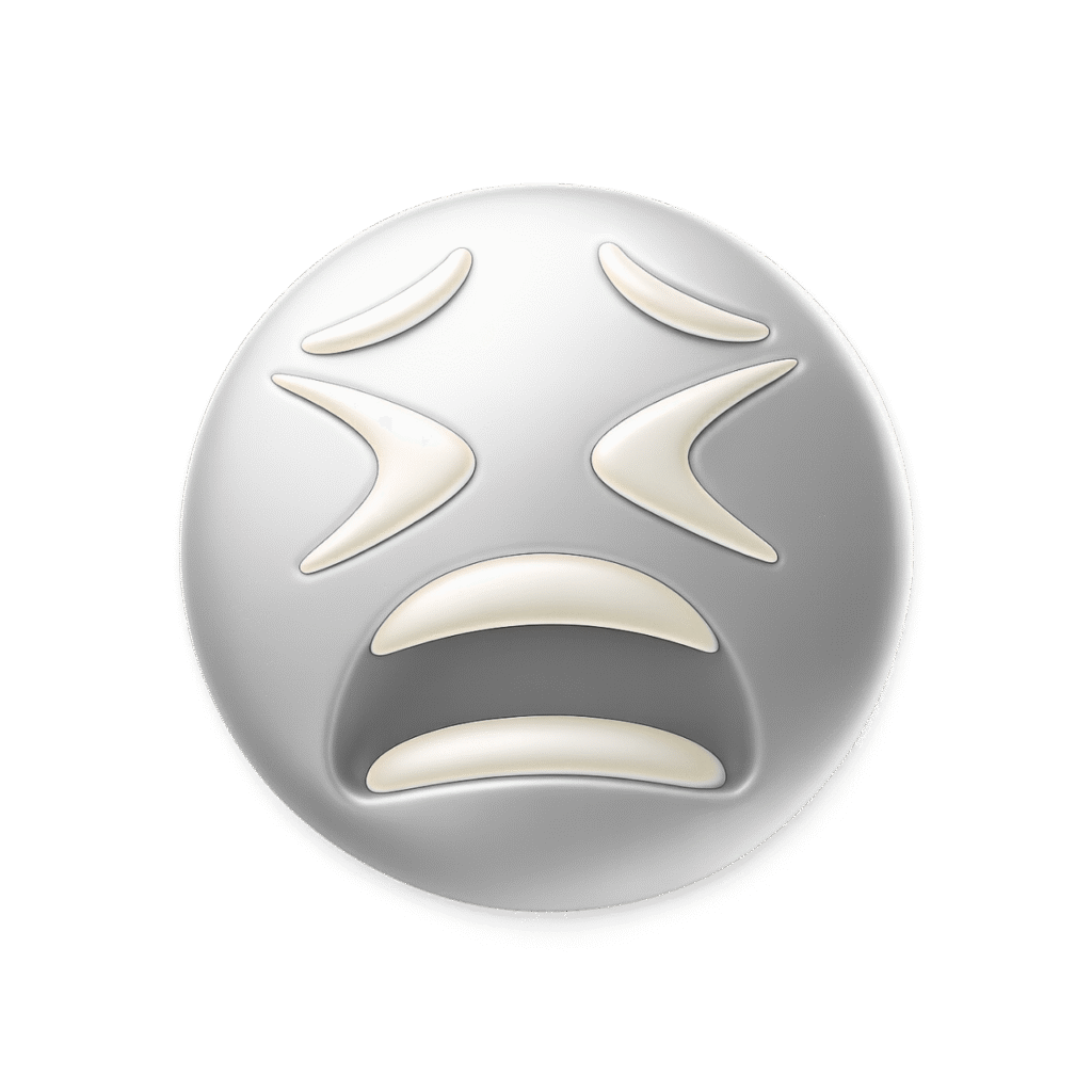 Moan emoji with exaggerated sad expression on 3D silver face – Apple-style keyboard emoji.