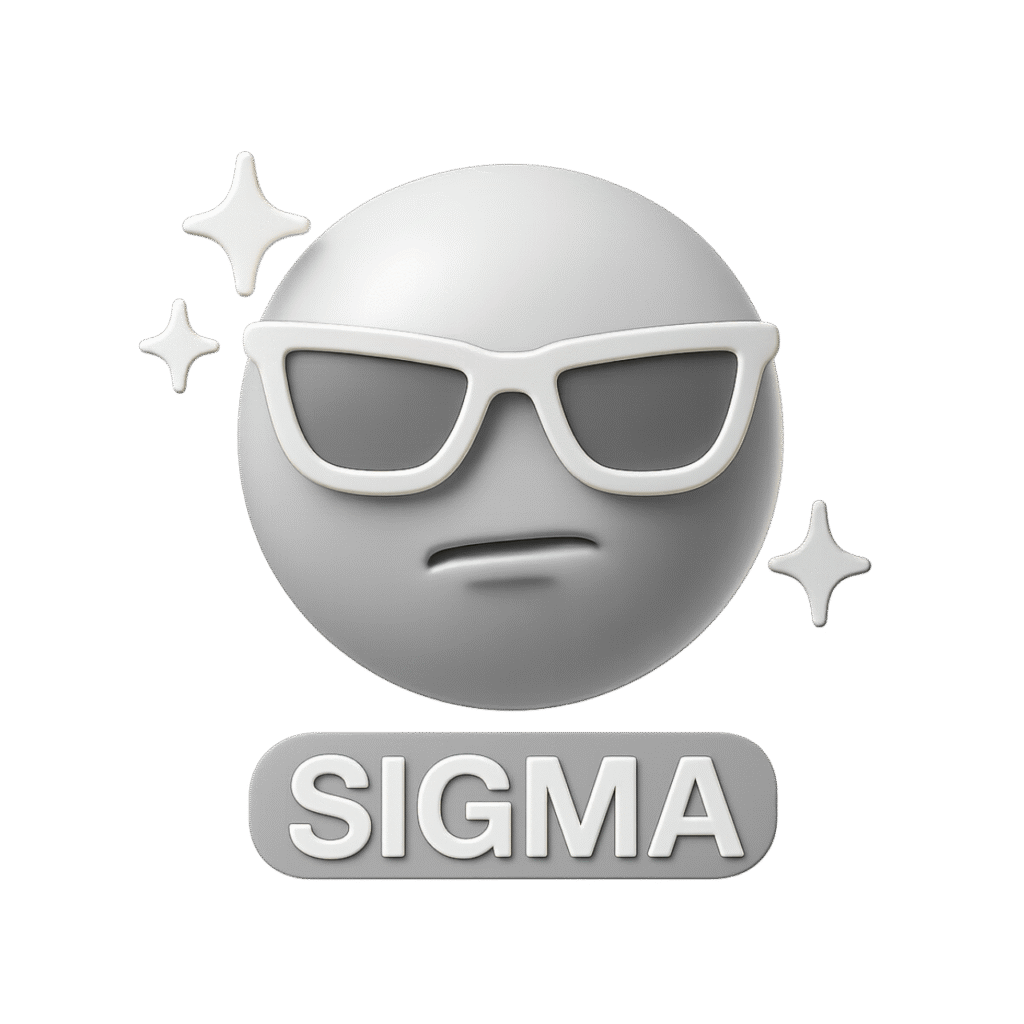 3D grey sigma emoji with white sunglasses, confident facial expression, sparkles around, and "SIGMA" text below on transparent background