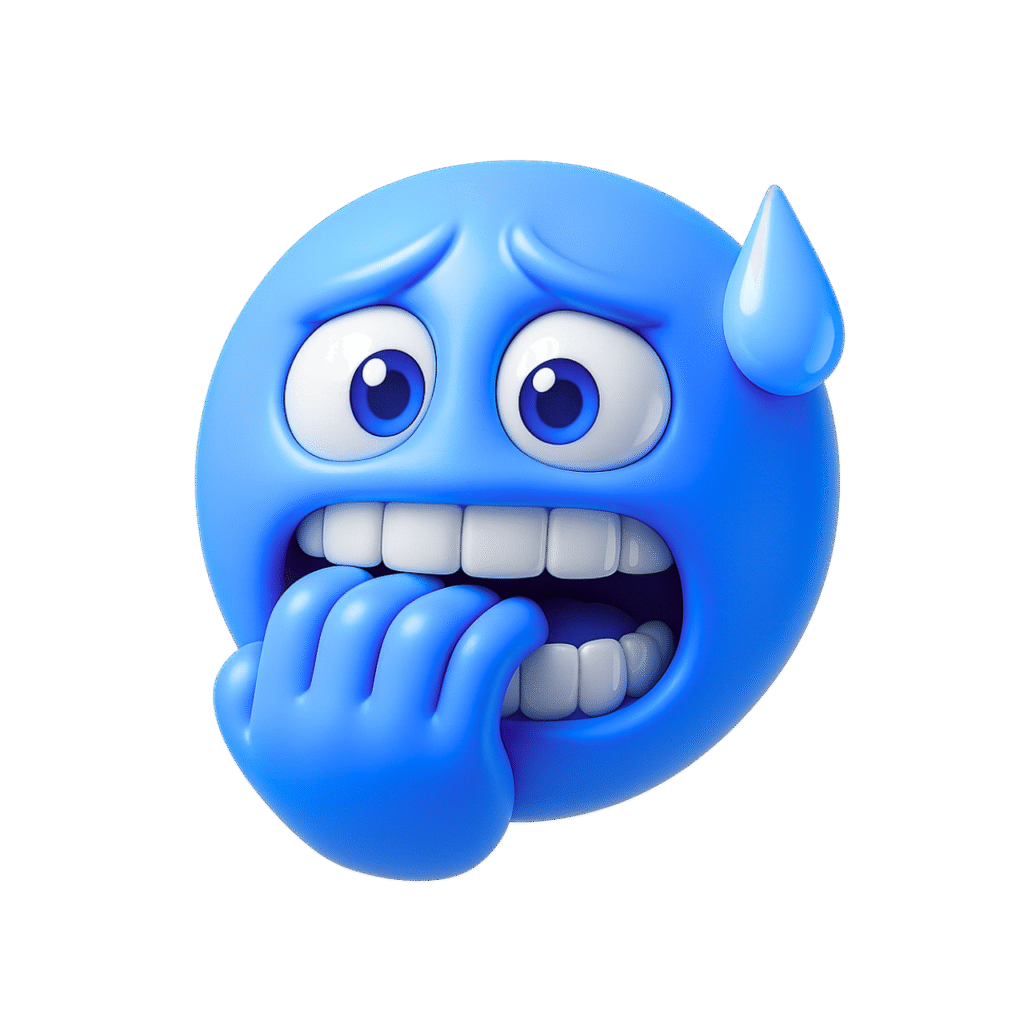 Blue 3D emoji nervously biting nails with wide eyes, sweat drop, glossy finish – transparent background