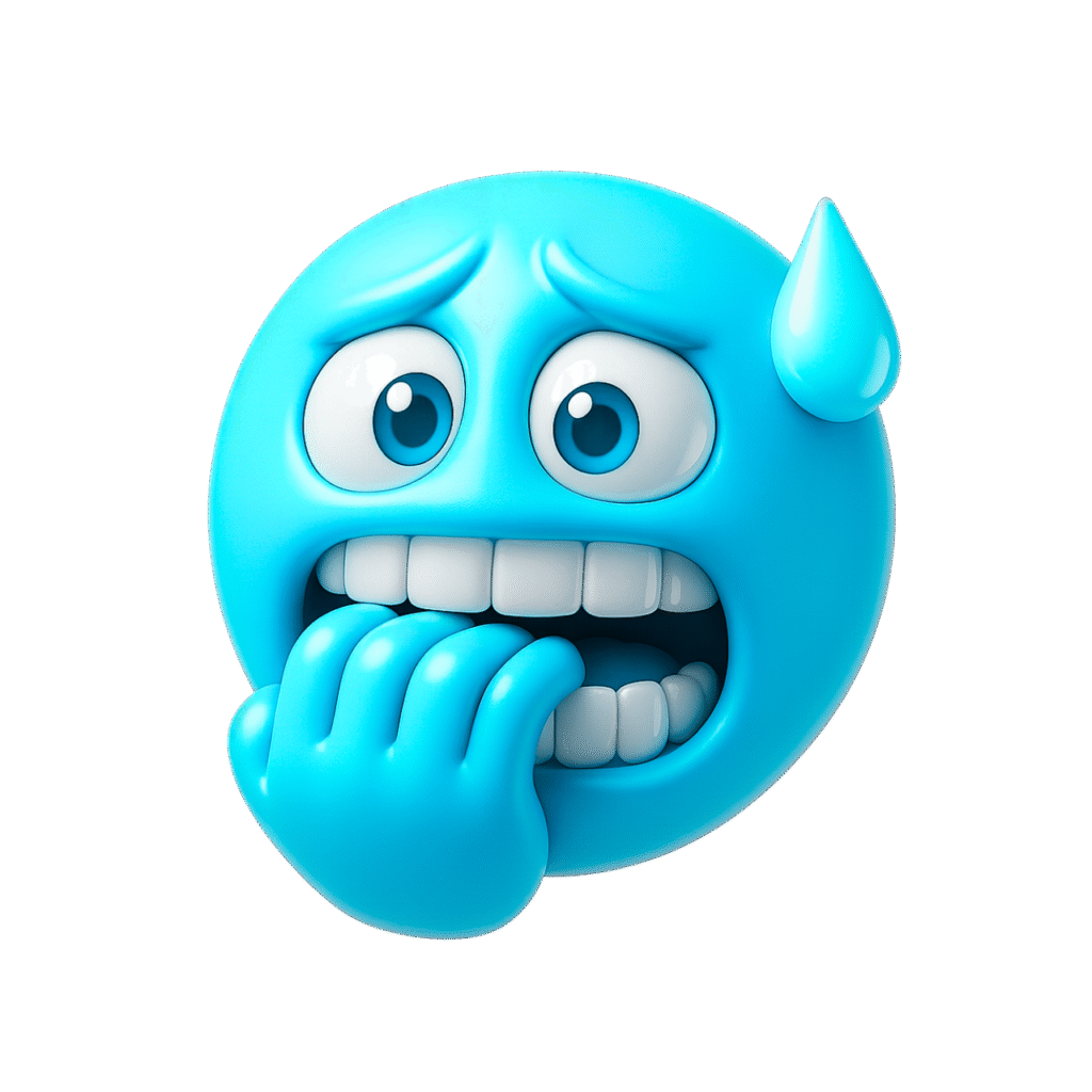 3D blue emoji biting nails nervously with sweat drop and anxious face
