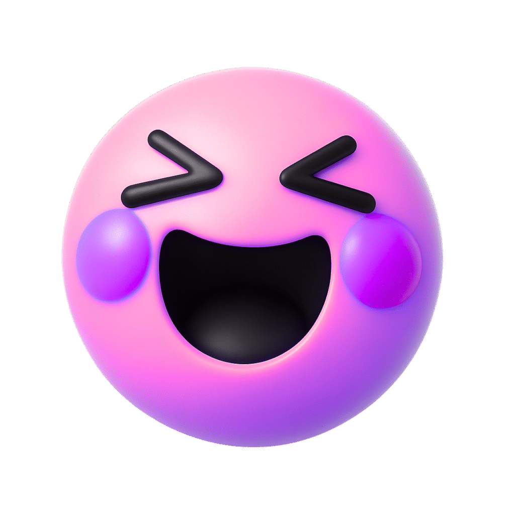 Cute 3D pink laughing emoji with purple blush cheeks, shut eyes, and big open mouth on transparent background