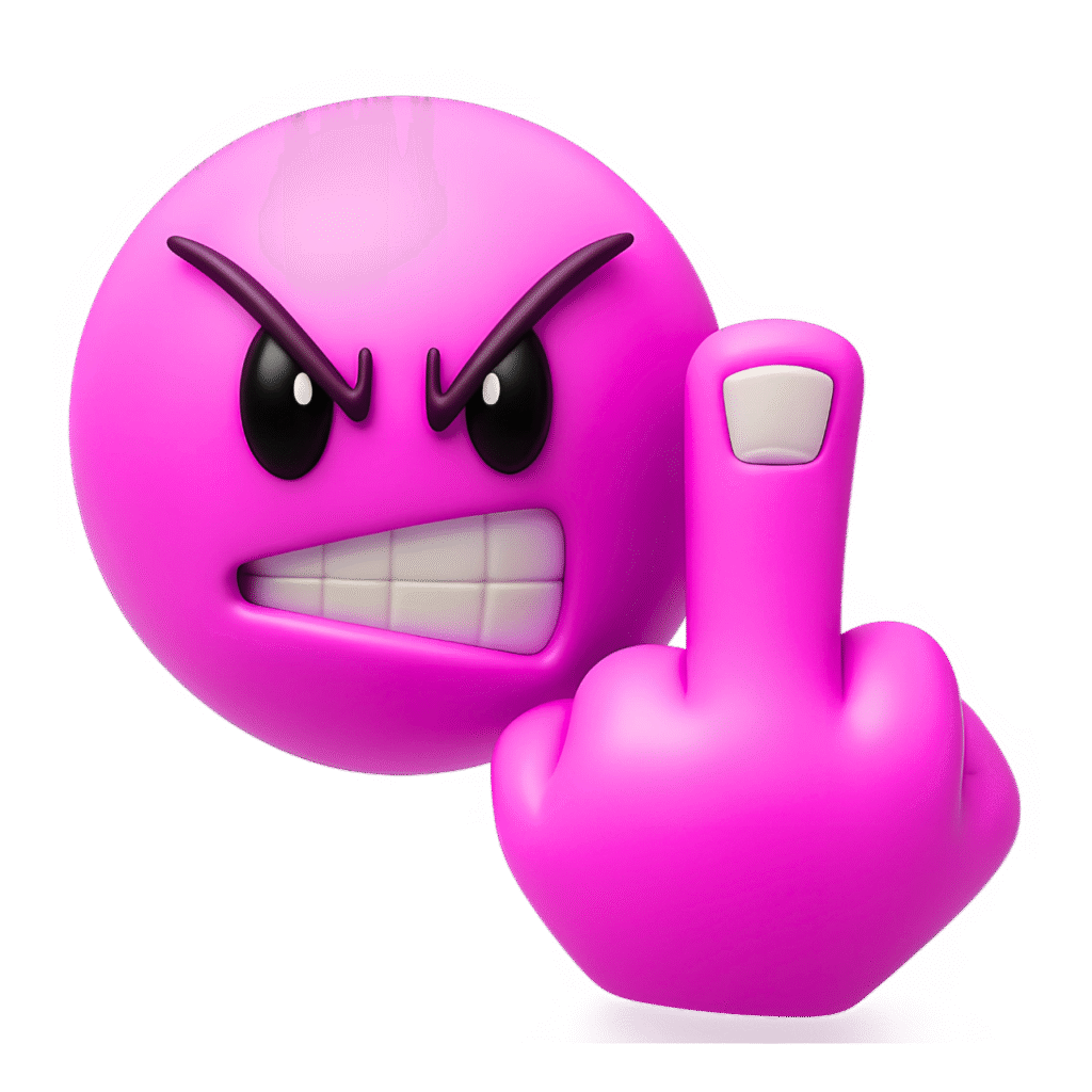 3D pink angry emoji showing middle finger with clenched teeth and furious facial expression on transparent background
