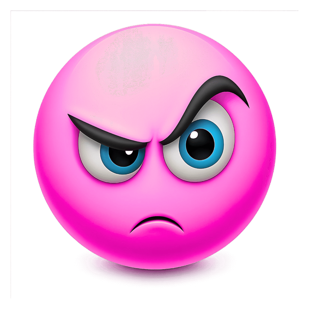 3D pink angry emoji with raised black eyebrows, suspicious expression, and blue eyes on a transparent background