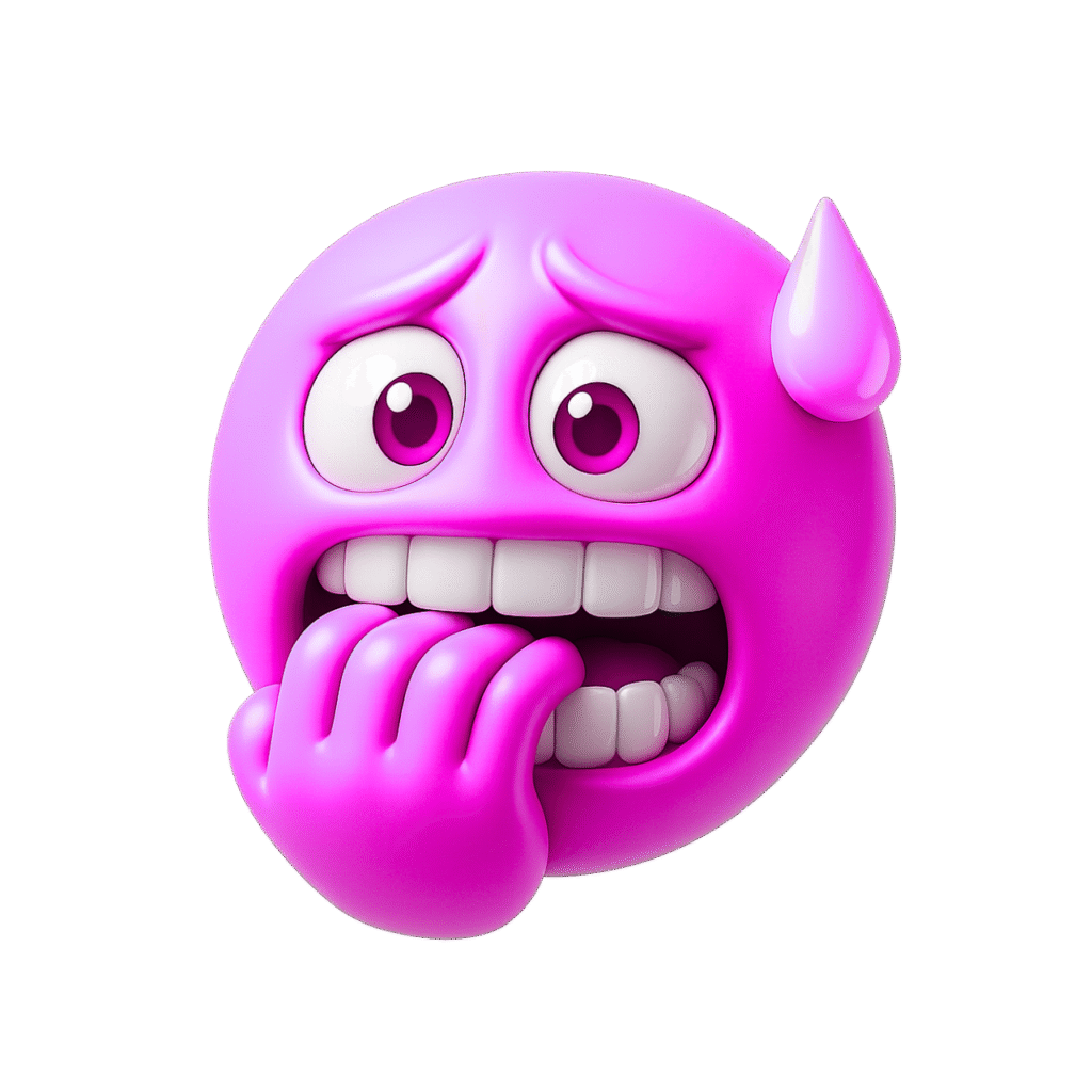 3D pink emoji biting nails with wide anxious eyes and sweat drop