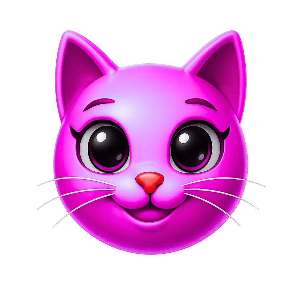 3D pink cat face emoji with large glossy eyes, a red heart-shaped nose, cheerful smile, and white whiskers on transparent background