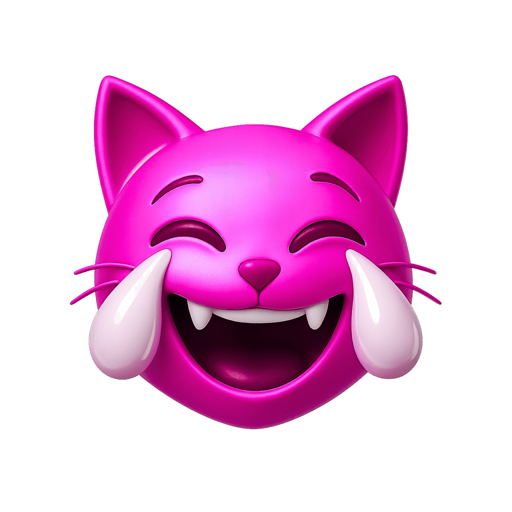 3D pink cat emoji laughing with big cartoon tears, cute kitty face in joyful mood on transparent background