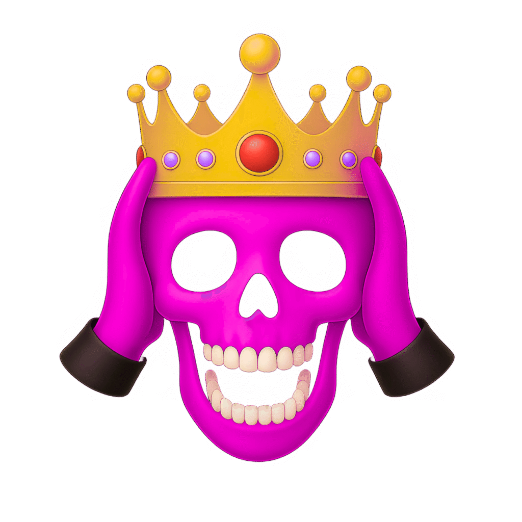 Pink skull emoji with a jeweled golden crown and pink-gloved hands, isolated on transparent background – vibrant emoji-style PNG clipart.