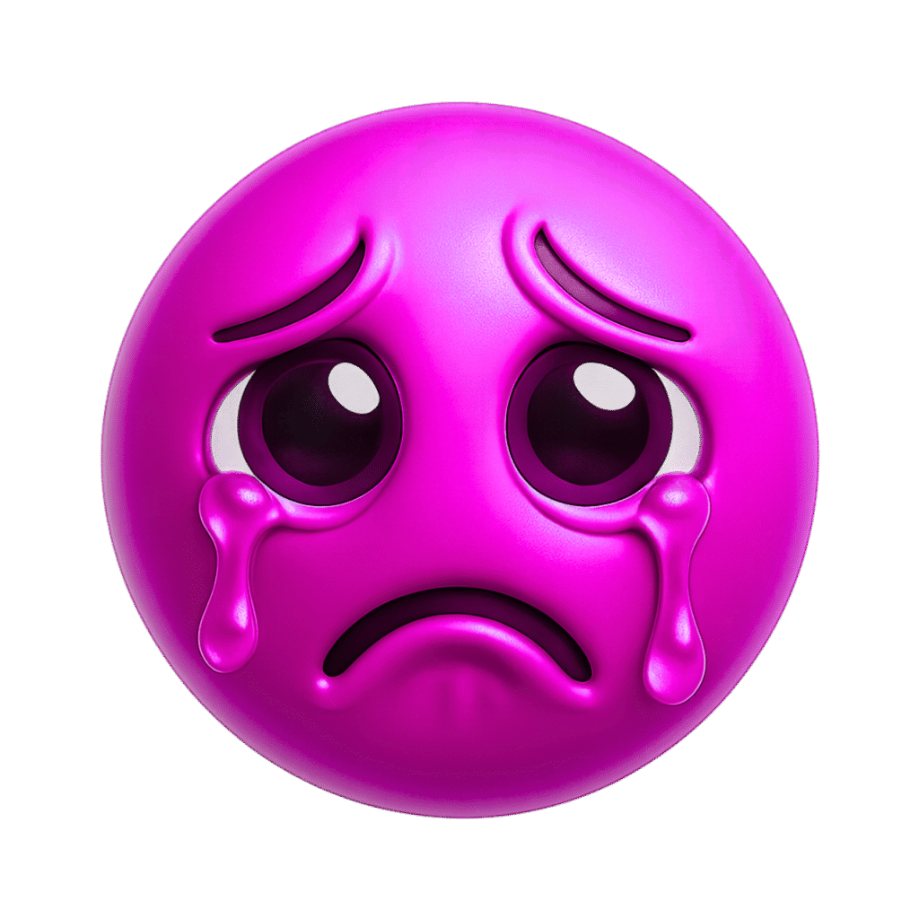 Bright pink 3D crying emoji with teary eyes and sad expression on a transparent background, perfect for emotional memes or reactions.