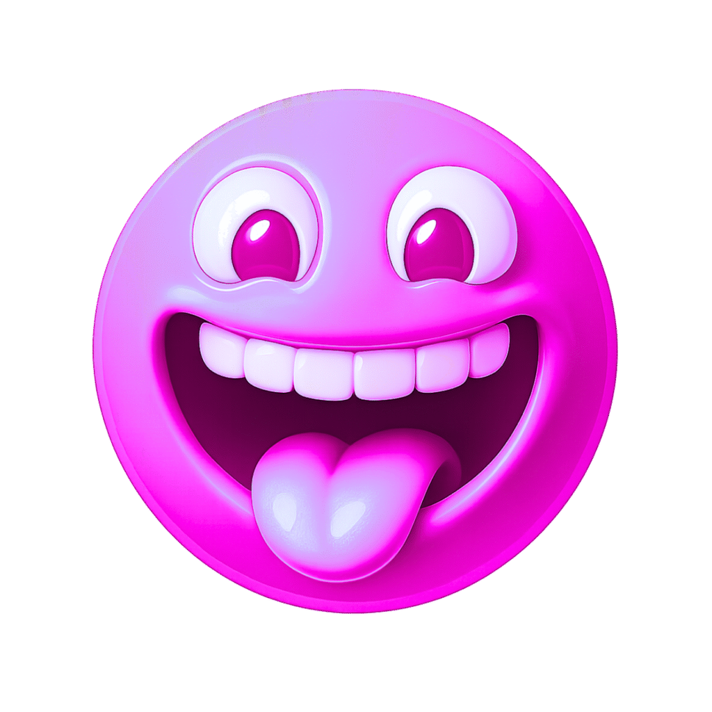 Funny pink 3D emoji face with big cartoon eyes, tongue out, white teeth, and shiny gloss finish on transparent background