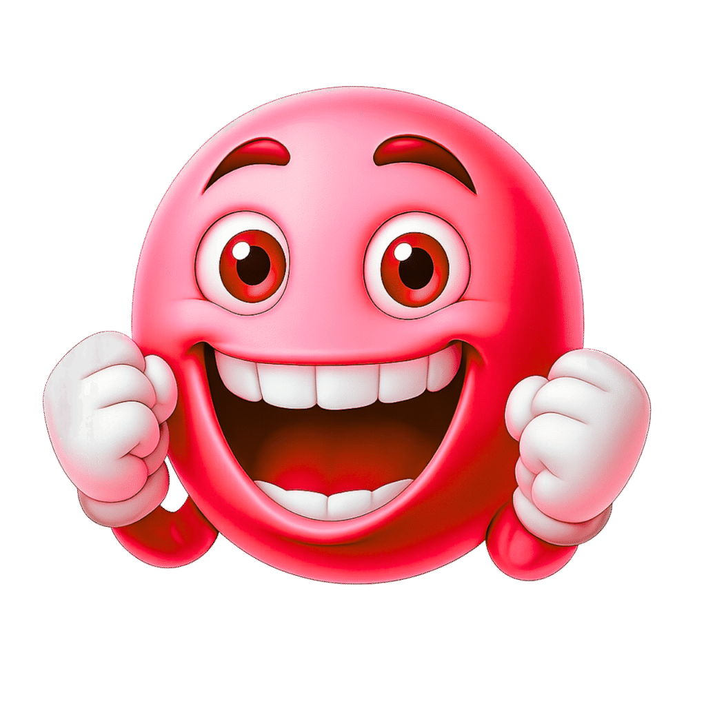 3D Pink Happy Emoji with Excited Smile and Raised Fists – Transparent Background PNG