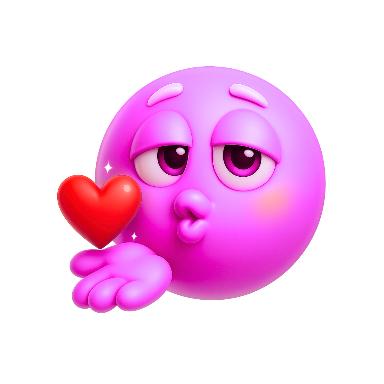 3D pink emoji blowing kiss with red heart and dreamy eyes on transparent background