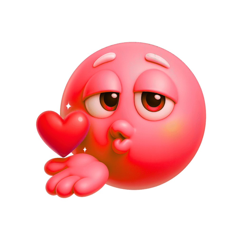 3D pink emoji with kissy face expression, blowing a red heart kiss with cartoon hand on transparent background