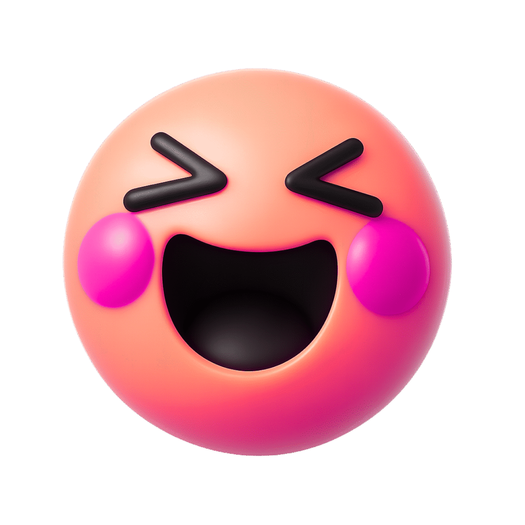 3D pink emoji with joyful expression, closed eyes, big open mouth, and glowing purple-pink blush cheeks on transparent background