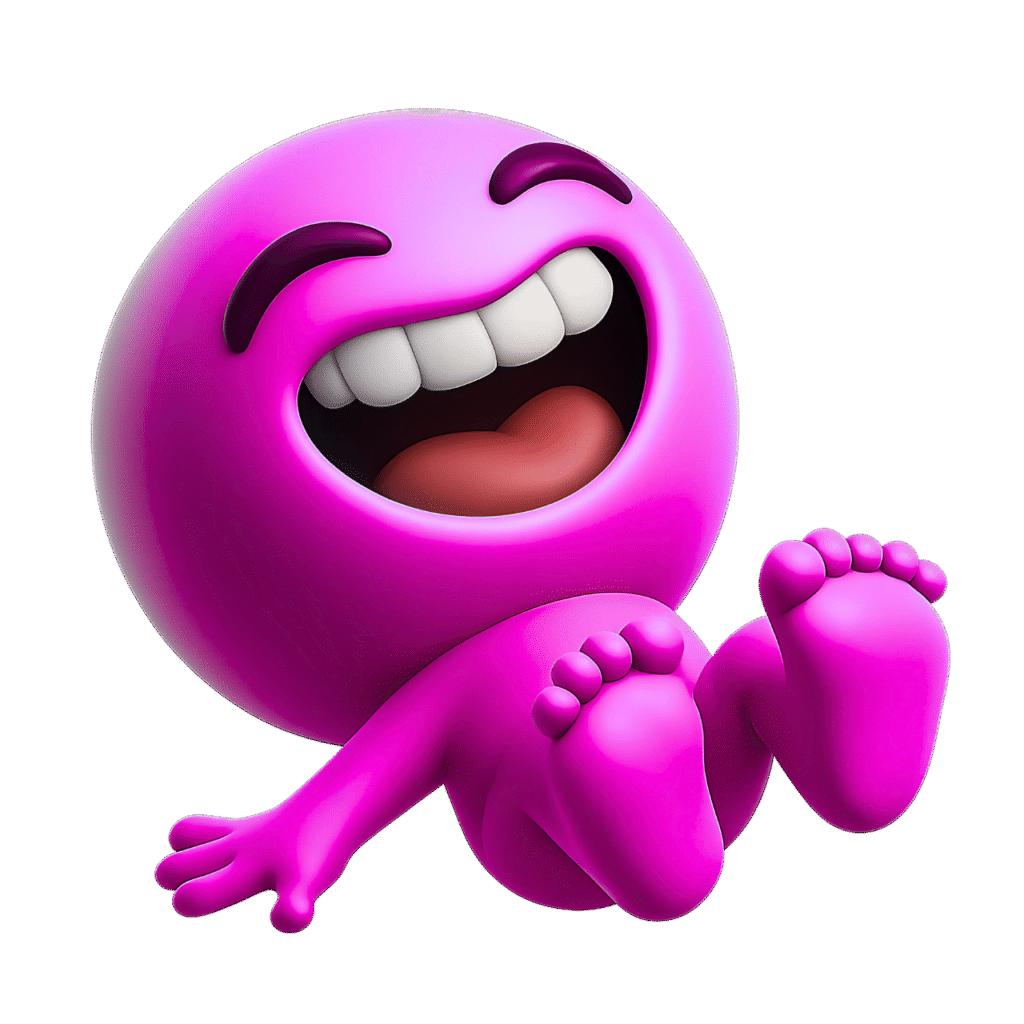 Pink 3D laughing emoji with a wide smile, joyful expression, and rolling pose on a transparent background