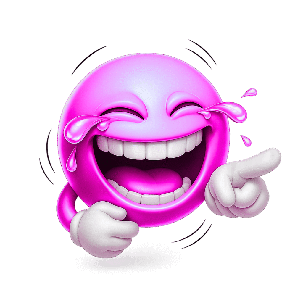 3D pink emoji laughing with tears, pointing finger, white-gloved hands, and wide smile on transparent