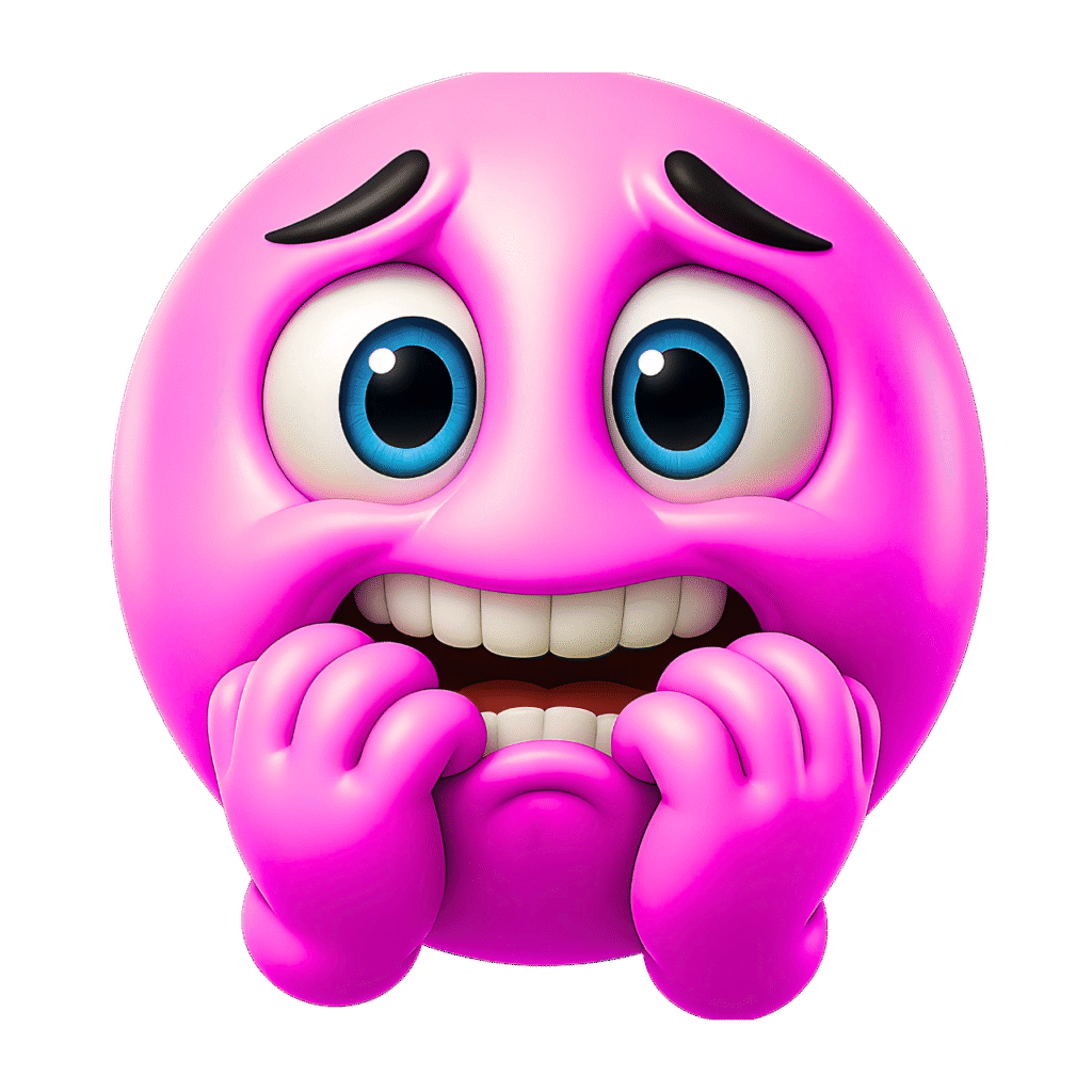Pink emoji with nervous expression, wide blue eyes, clenched hands on face – high-res transparent PNG