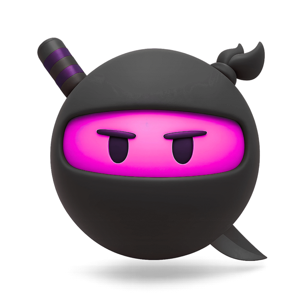 Pink-faced ninja emoji with angry eyes, black mask, and purple-striped sword, 3D cartoon style, on transparent background.
