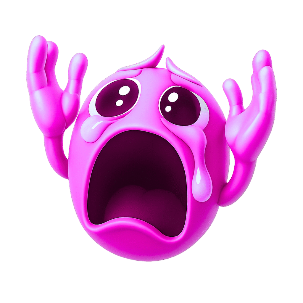 3D pink emoji crying loudly with wide open mouth, big teary eyes, and raised hands expressing “Nooo!” on transparent background