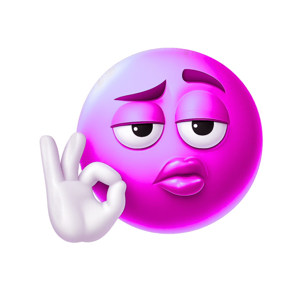 Glossy pink emoji with unimpressed sleepy eyes, pouty lips, and OK hand gesture in 3D