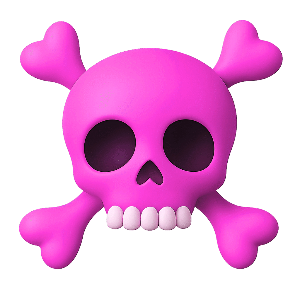 3D pink pirate skull emoji with heart-shaped crossbones and cartoon-style teeth on a transparent background.