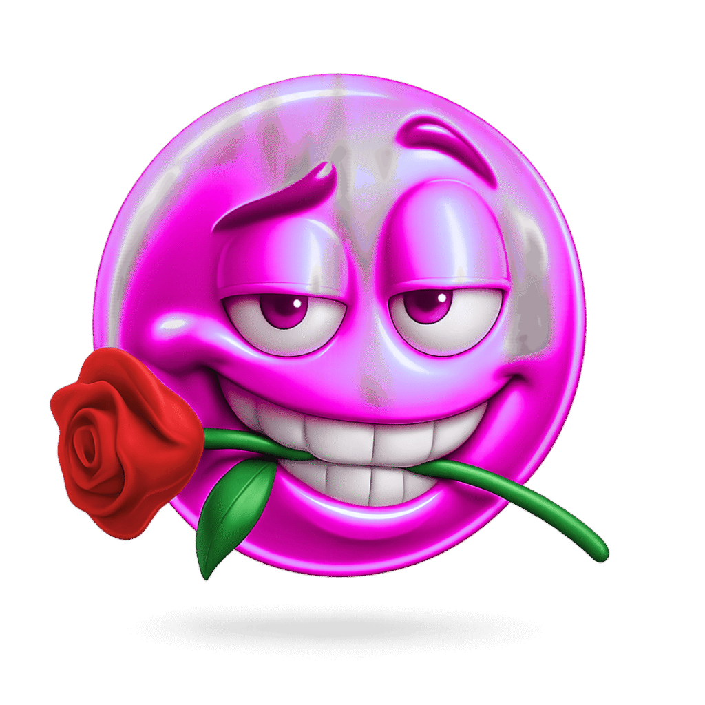 Pink emoji face with flirty eyes, charming smile, and red rose in mouth, symbolizing playful romance and charisma.