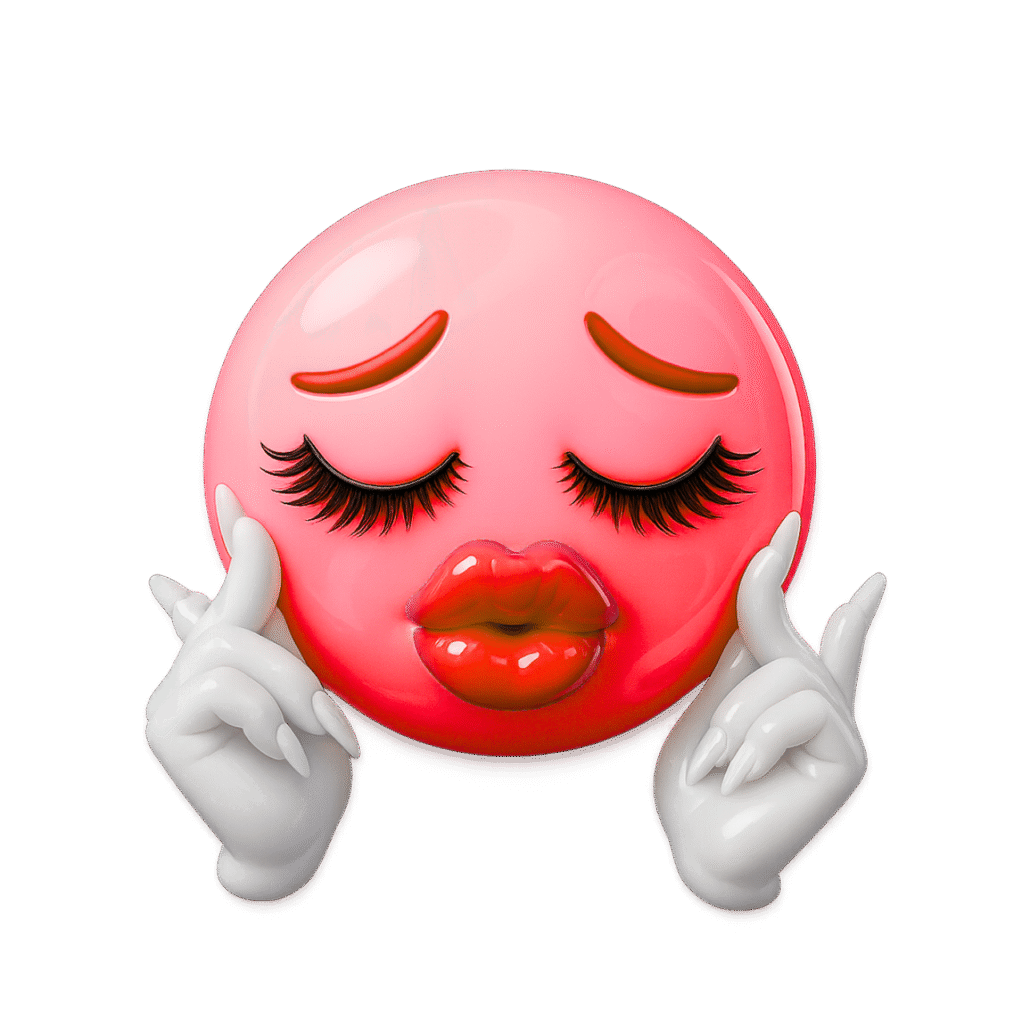 3D pink emoji with red puckered lips, thick lashes, white acrylic-nailed hands, and a confident sassy expression on transparent background