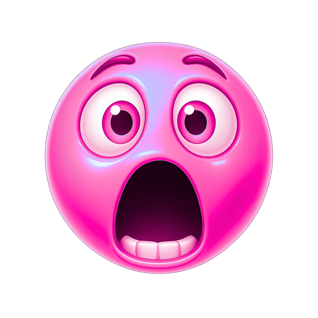 Pink 3D shocked emoji face with wide eyes and open mouth on transparent background